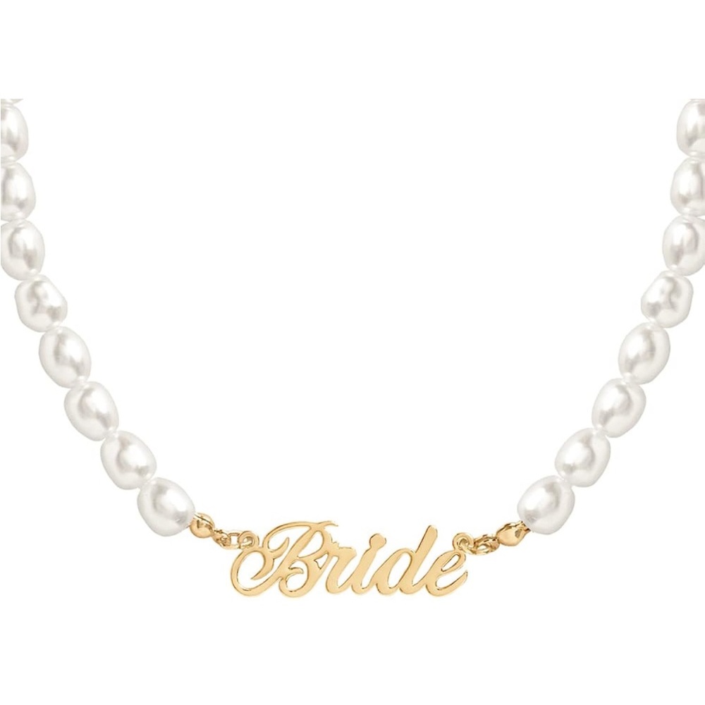 xo, Fetti Bride Pearl Beaded Necklace, 16" Choker, Bride Gold Nameplate